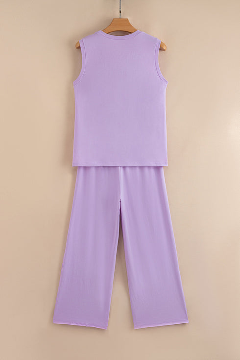 Casual Mineral Wash Drawstring Wide Leg Pant Set