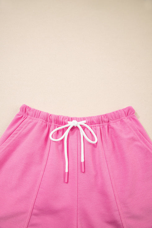 Casual Patchwork Drawstring V Neck Drop Shoulder Short Sets
