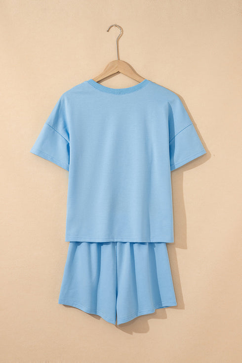 Casual Patchwork Drawstring V Neck Drop Shoulder Short Sets