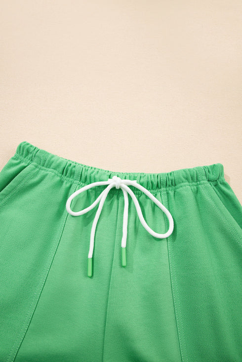 Casual Patchwork Drawstring V Neck Drop Shoulder Short Sets