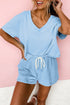 Casual Patchwork Drawstring V Neck Drop Shoulder Short Sets