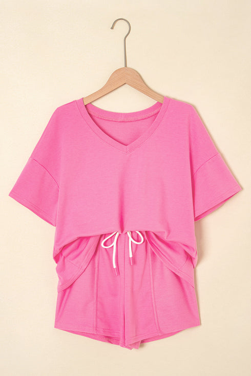 Casual Patchwork Drawstring V Neck Drop Shoulder Short Sets