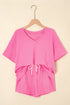 Casual Patchwork Drawstring V Neck Drop Shoulder Short Sets