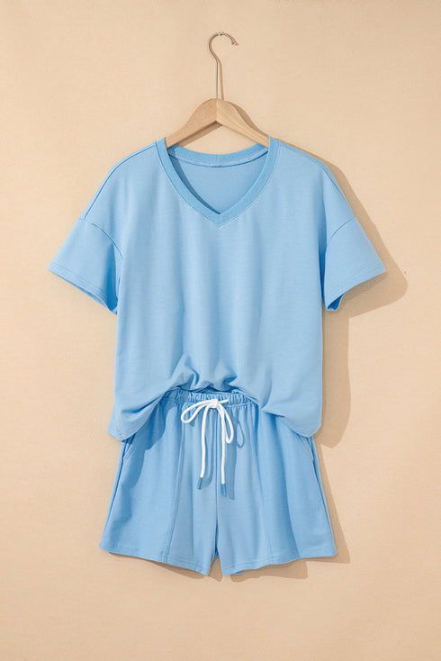 Casual Patchwork Drawstring V Neck Drop Shoulder Short Sets