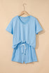 Casual Patchwork Drawstring V Neck Drop Shoulder Short Sets
