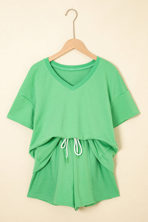 Casual Patchwork Drawstring V Neck Drop Shoulder Short Sets