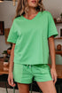 Casual Patchwork Drawstring V Neck Drop Shoulder Short Sets