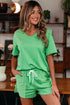 Casual Patchwork Drawstring V Neck Drop Shoulder Short Sets