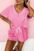 Casual Patchwork Drawstring V Neck Drop Shoulder Short Sets