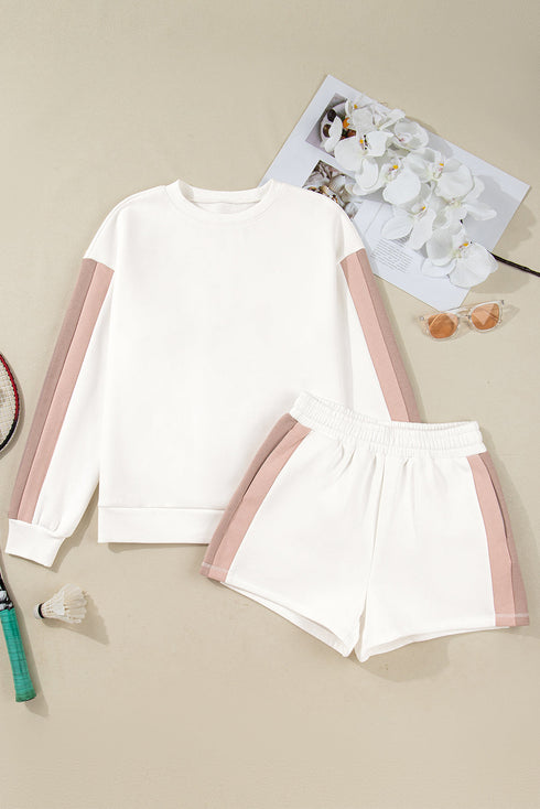 Casual Patchwork Drop Shoulder Pullover Short Sets