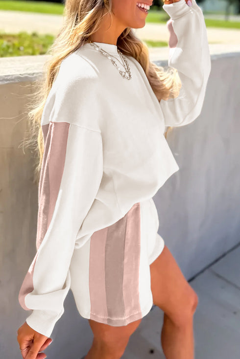 Casual Patchwork Drop Shoulder Pullover Short Sets