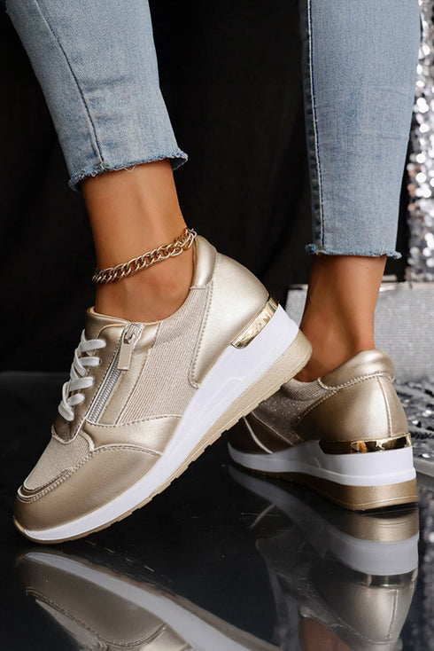 Casual Patchwork Faux Leather Lace Up Zipper Sneakers