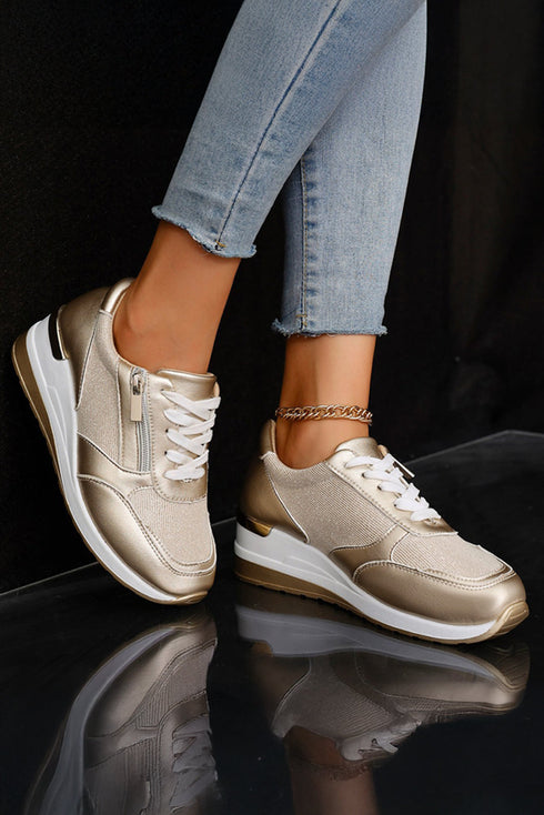 Casual Patchwork Faux Leather Lace Up Zipper Sneakers