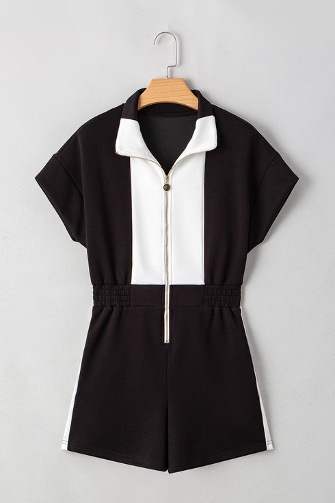 Casual Patchwork Trim Collar Zip Front Romper