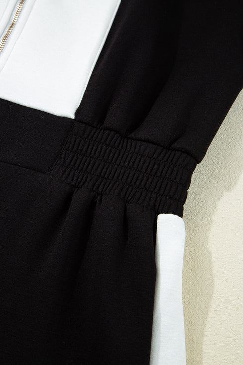 Casual Patchwork Trim Collar Zip Front Romper