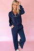 Casual Piping Zipped Pullover Wide Leg Pant Set