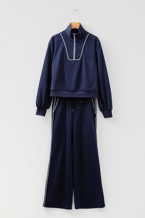 Casual Piping Zipped Pullover Wide Leg Pant Set
