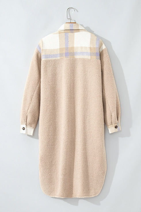 Casual Plaid Patchwork Sherpa Fleece Collared Long Coat