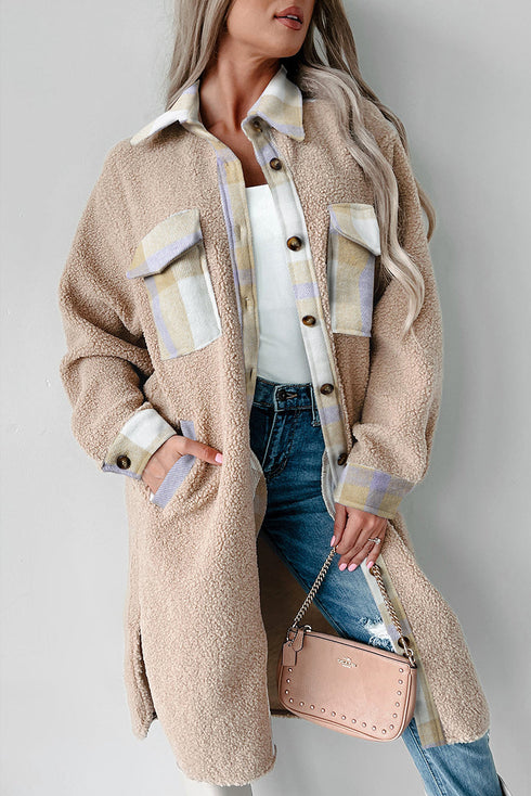 Casual Plaid Patchwork Sherpa Fleece Collared Long Coat