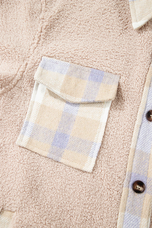 Casual Plaid Patchwork Sherpa Fleece Collared Long Coat
