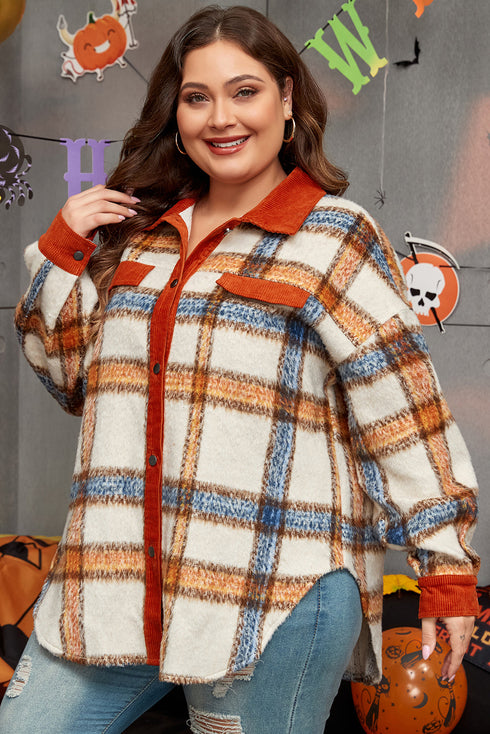 Casual Plaid Print Buttoned Collared Plus Size Outerwear