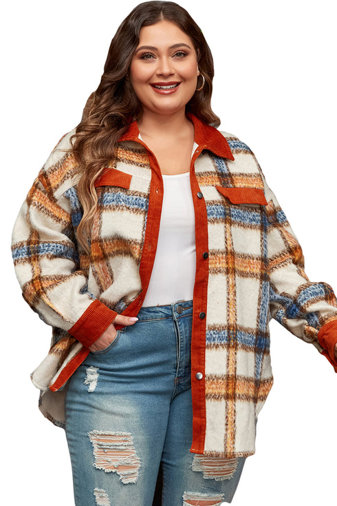 Casual Plaid Print Buttoned Collared Plus Size Outerwear