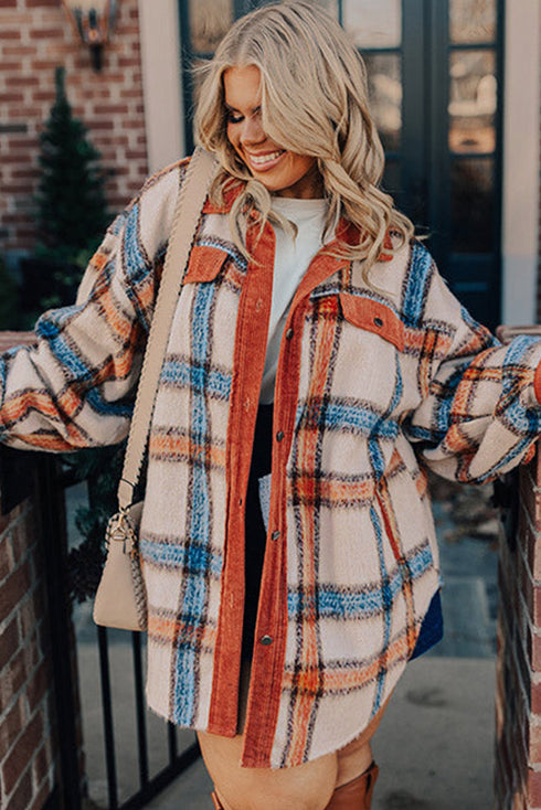 Casual Plaid Print Buttoned Collared Plus Size Outerwear