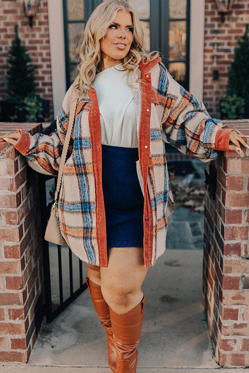 Casual Plaid Print Buttoned Collared Plus Size Outerwear