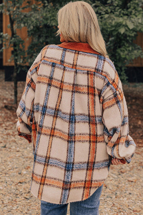 Casual Plaid Print Buttoned Collared Plus Size Outerwear