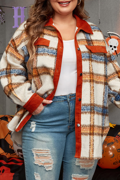 Casual Plaid Print Buttoned Collared Plus Size Outerwear