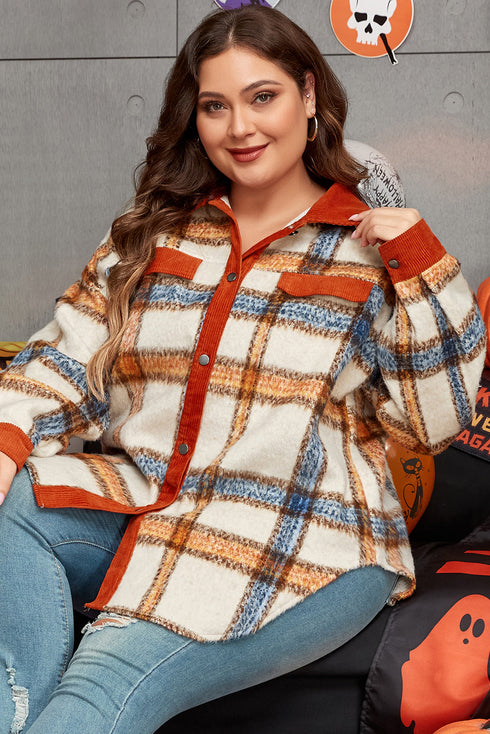 Casual Plaid Print Buttoned Collared Plus Size Outerwear