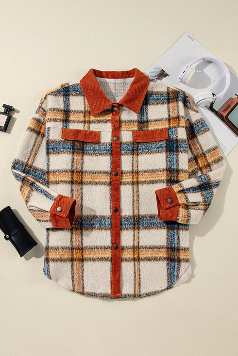 Casual Plaid Print Buttoned Collared Plus Size Outerwear