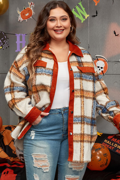 Casual Plaid Print Buttoned Collared Plus Size Outerwear