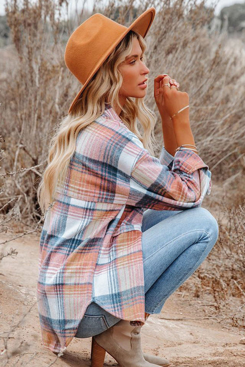 Casual Plaid Print Flap Pocket Button Down Shacket
