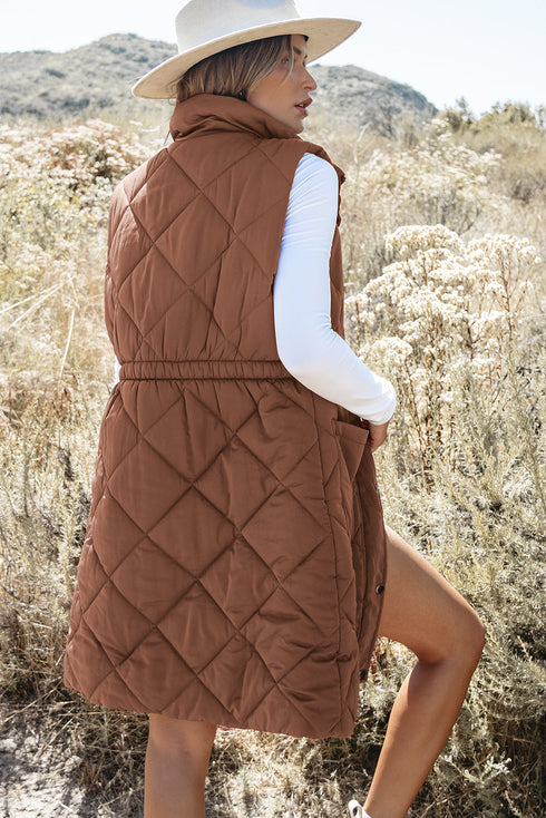 Casual Quilted Longline Stand Collar Puffer Vest