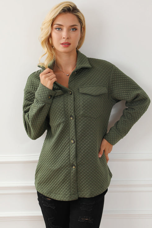 Casual Quilted Solid Button Front Flap Pocket Jacket