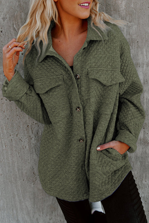Casual Quilted Solid Button Front Flap Pocket Jacket