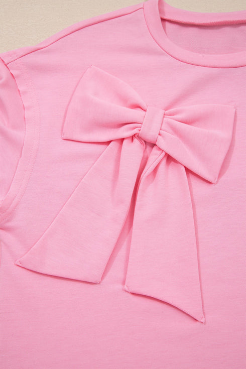 Casual Raw Edge Bow Patch Loose T Shirt