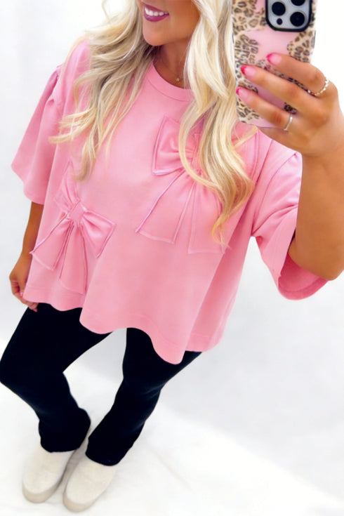 Casual Raw Edge Bow Patch Loose T Shirt