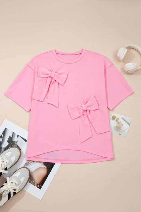 Casual Raw Edge Bow Patch Loose T Shirt