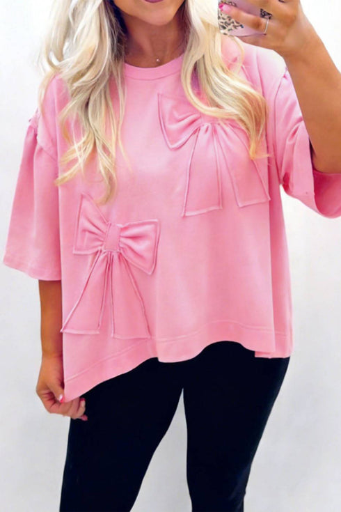 Casual Raw Edge Bow Patch Loose T Shirt