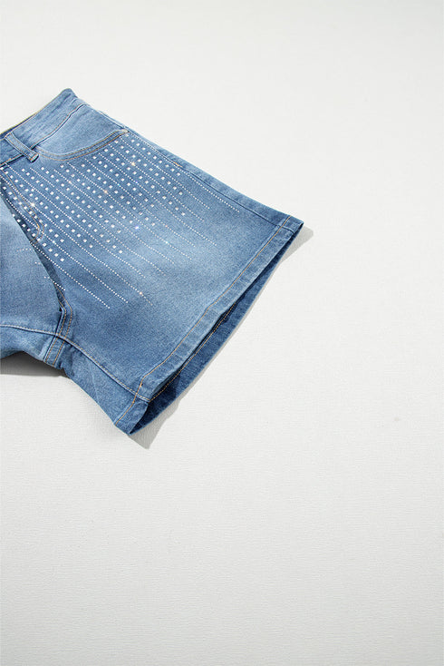 Casual Rhinestone Embellished Patchwork Denim Shorts