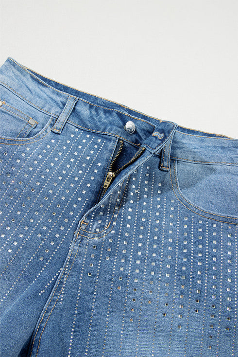 Casual Rhinestone Embellished Patchwork Denim Shorts