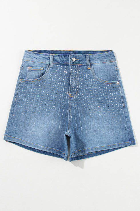 Casual Rhinestone Embellished Patchwork Denim Shorts