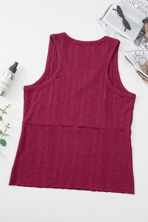 Casual Ribbed Textured Knit Exposed Stitching Detail Sleeveless Tank Top