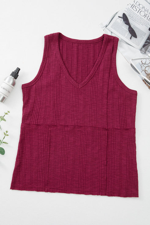 Casual Ribbed Textured Knit Exposed Stitching Detail Sleeveless Tank Top