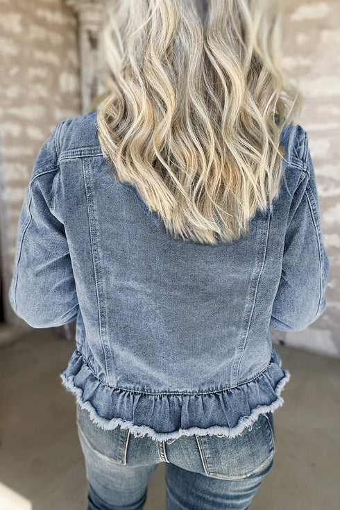 Casual Ruffle Raw Hem Flap Pocket Denim Jacket