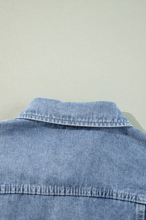 Casual Ruffle Raw Hem Flap Pocket Denim Jacket