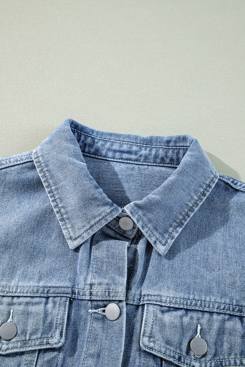 Casual Ruffle Raw Hem Flap Pocket Denim Jacket