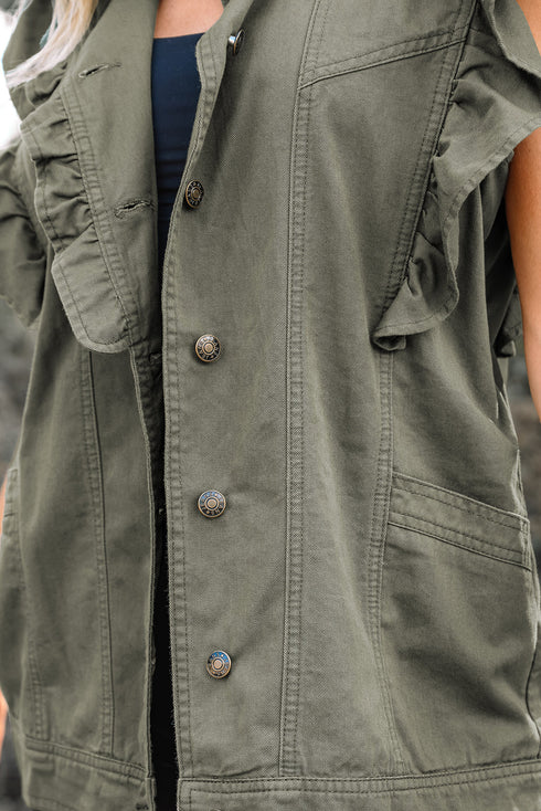 Casual Ruffled Patchwork Solid Cotton Denim Vest